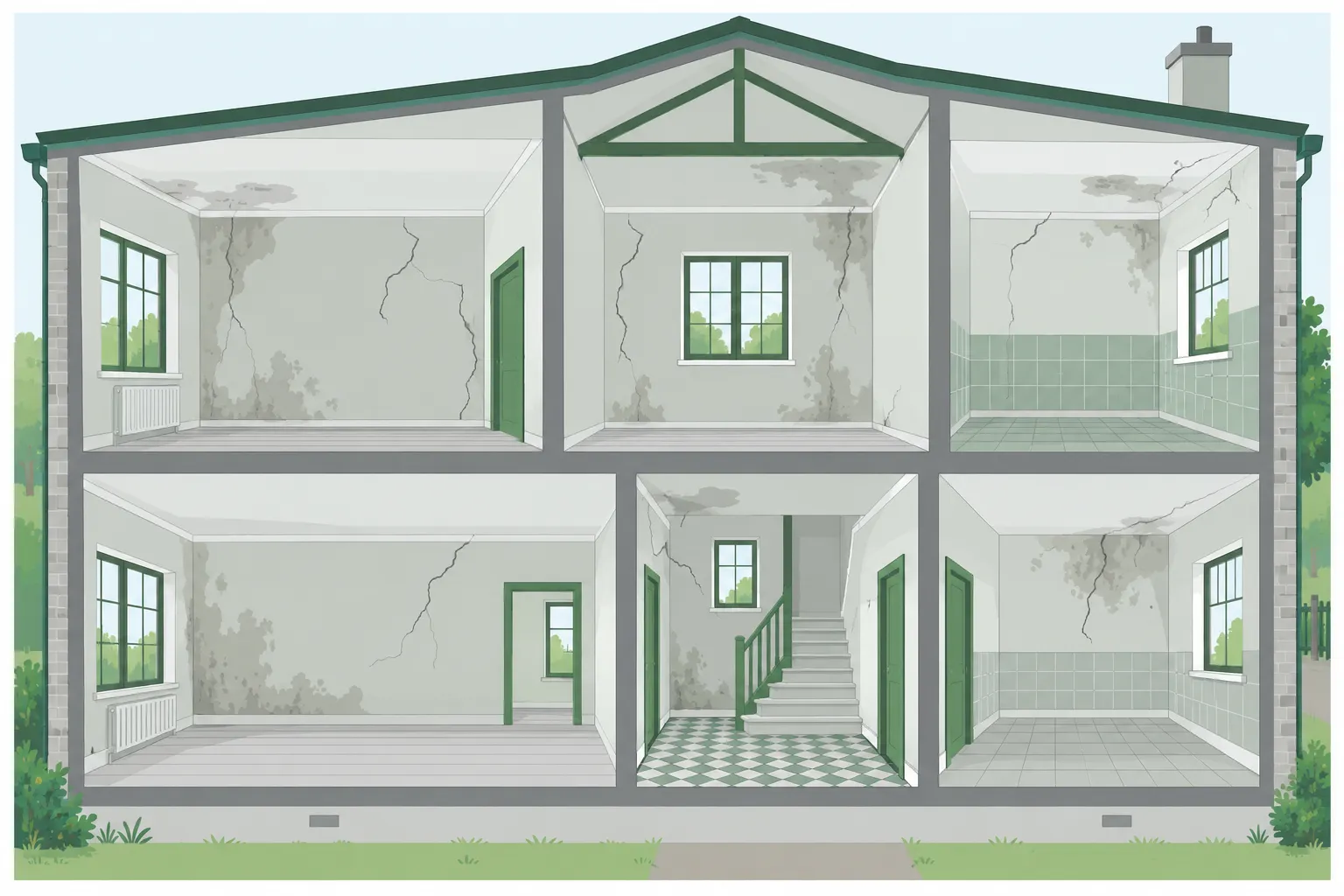 Vue schématique d’une maison en coupe transversale montrant plusieurs pièces avec murs fissurés et espaces intérieurs.